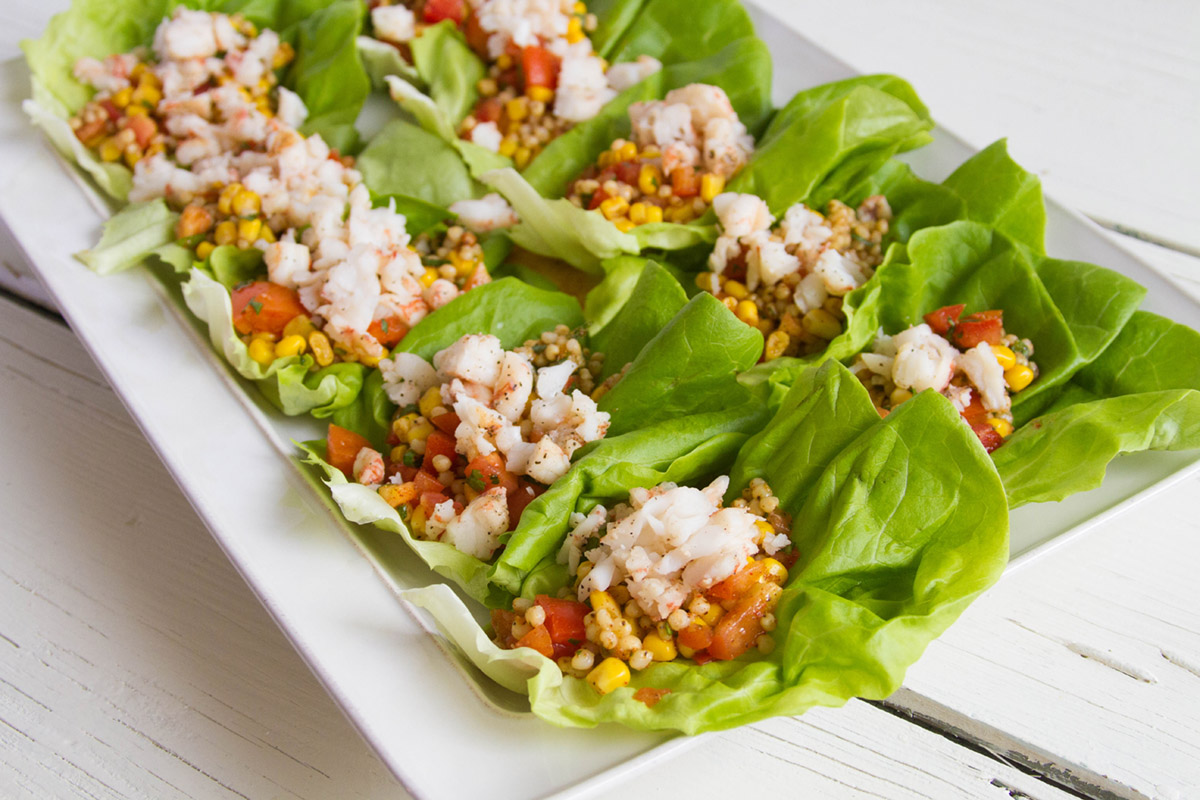 Grilled shrimp lettuce cups with sorghum and corn salsa